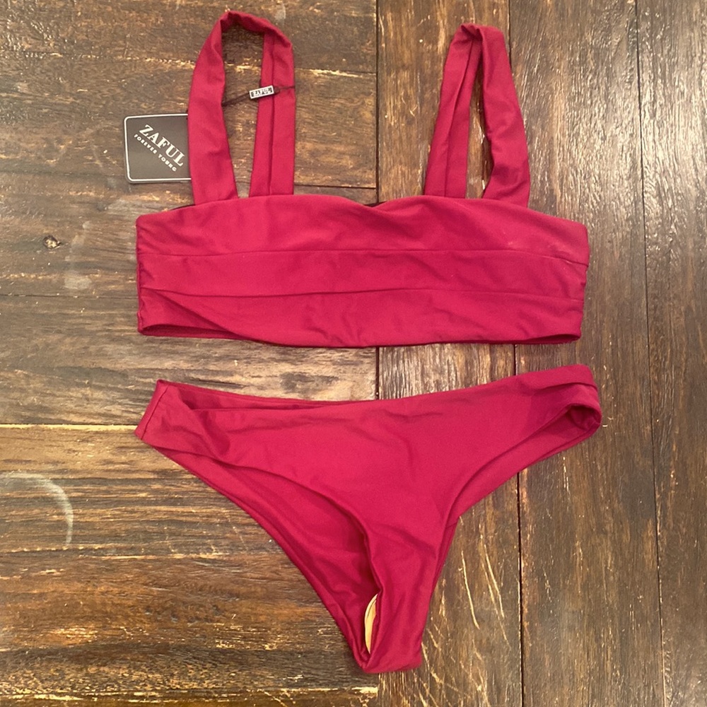 NWT Zaful Dark Red Bathing Suit Set - Bandeau Top w/ Straps - Size L